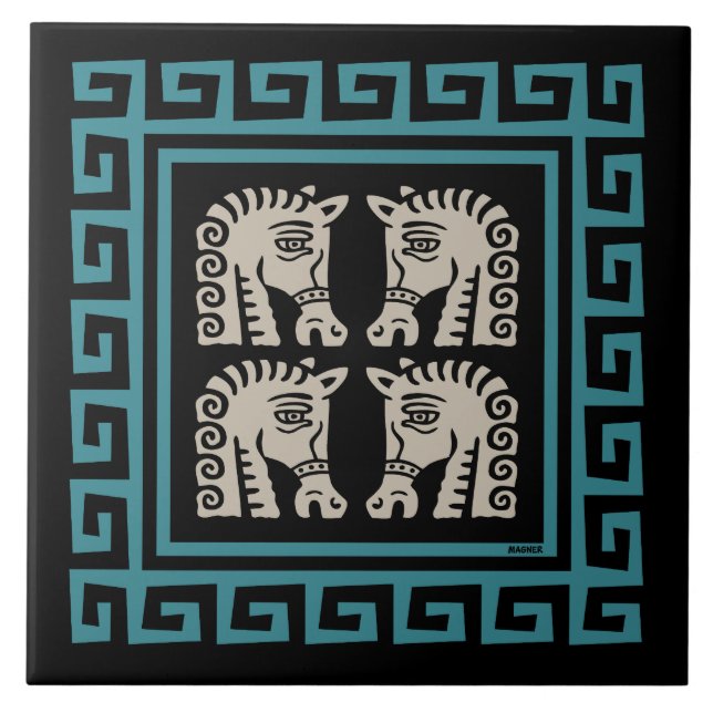 Mid Century Greek Key with Horses Design Tile (Front)