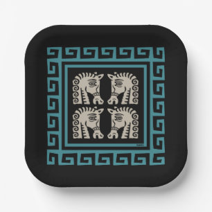 Mid Century Greek Key with Horses Paper Plate