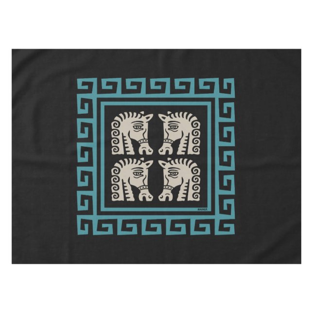 Mid Century Greek Key with Horses Tablecloth (Front (Horizontal))