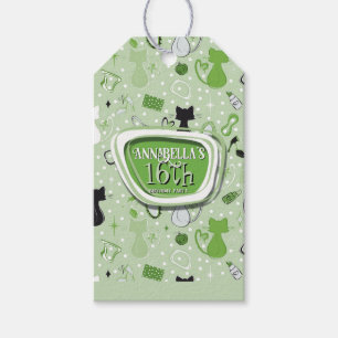 Mid Century Green Heart Cats Birthday Gift Tags