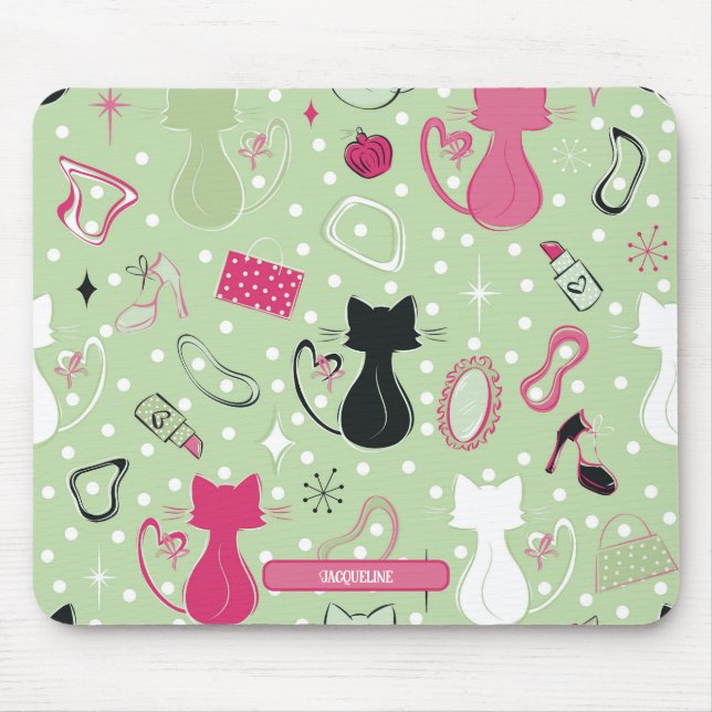 Mid Century Green Heart Cats Mouse Pad (Front)