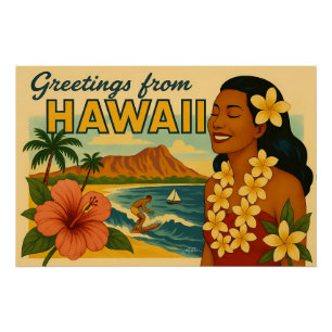 Mid Century Greetings From Hawaii Tourism Art Poster