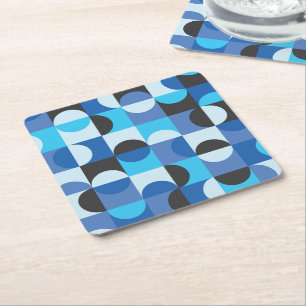  Mid Century Half circles Blue Turqouise Black  Square Paper Coaster