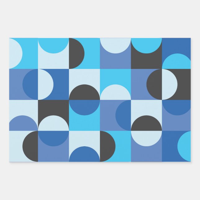  Mid Century Half circles Blue Turqouise Black  Wrapping Paper Sheet (Front)