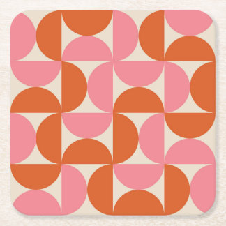 Mid Century Half Circles Pink and Orange  Square Paper Coaster