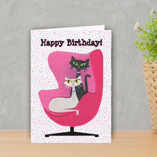 Mid Century Happy Birthday Cats in Pink Chair Card