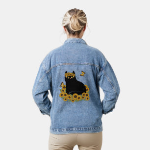Mid Century hippie black cat Denim Jacket