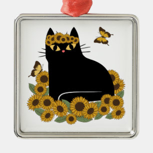 Mid Century hippie black cat Metal Tree Decoration