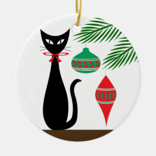 Mid Century Holiday Cat with Ornaments