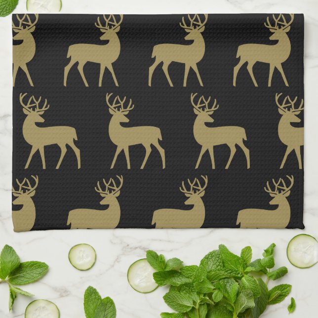 Mid Century Holiday Deer Pattern Black and Gold Tea Towel (Folded)