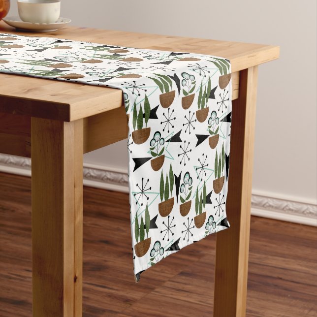 Mid-Century Houseplants on White | Beautiful Retro Short Table Runner (In Situ)