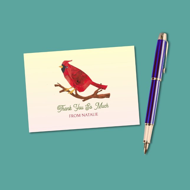 Mid-Century Inspired Red Cardinal Hand-Illustrated Thank You Card (This cardinal thank you card features my original art against a soft peach / cream gradient.)