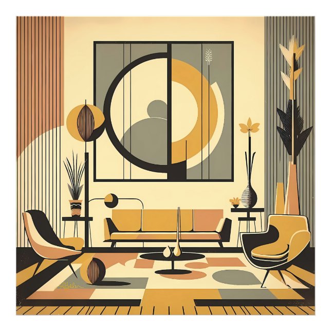 Mid Century Interior Design Autumn Hues Livingroom Photo Print (Front)