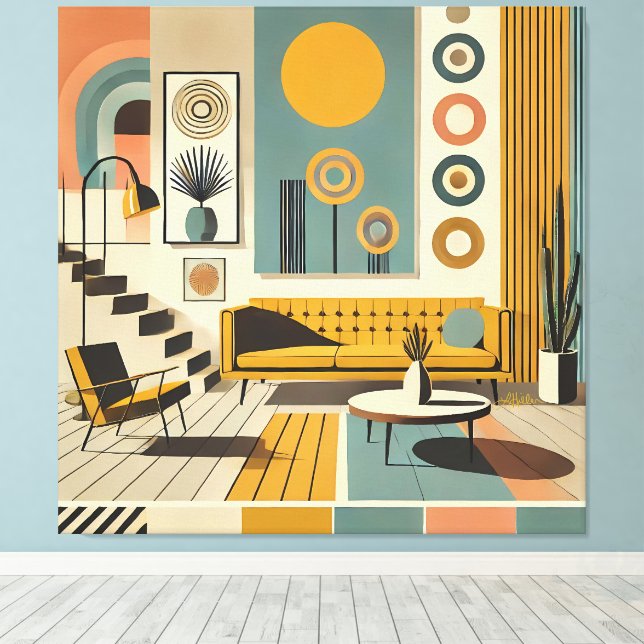 Mid Century Interior Design Desert Livingroom Canvas Print (Insitu(Wood Floor))