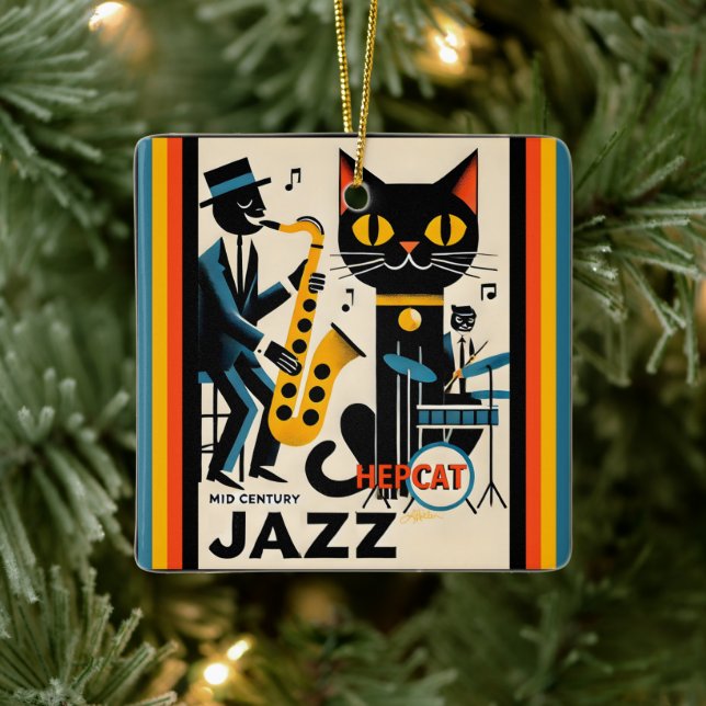 Mid Century Jazz Age HepCat Black Cat Ceramic Ornament (Tree)
