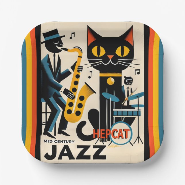Mid Century Jazz Age HepCat Black Cat Paper Plate (Front)