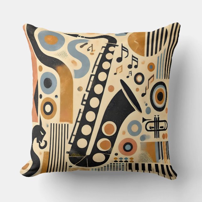 Mid Century Jazz Age Minimalist Art Saxophone Cushion (Front)