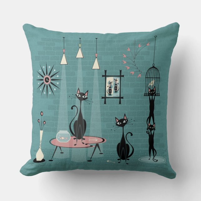 Mid Century Kitty Family Mischief ©studioxtine Cushion (Front)