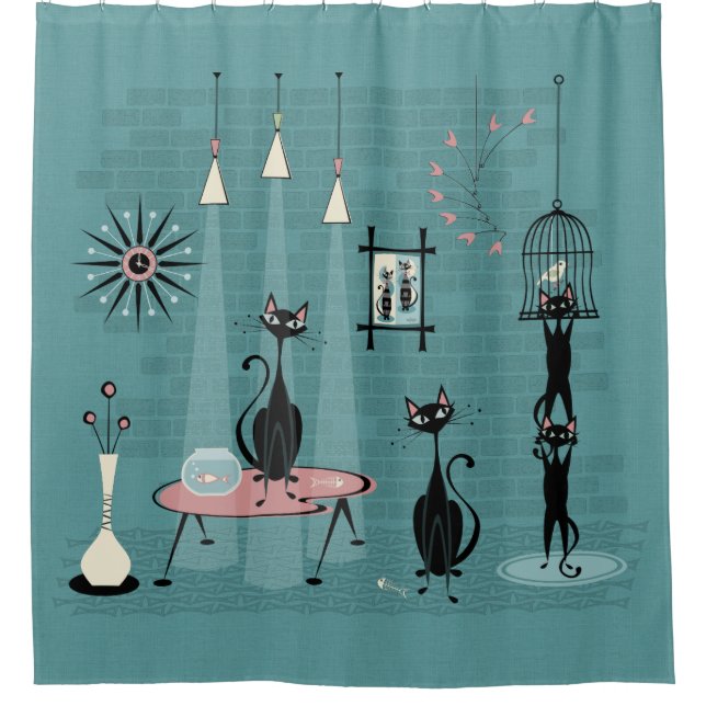 Mid Century Kitty Family Mischief ©studioxtine Shower Curtain (Front)