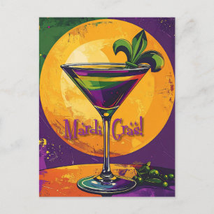 Mid Century Mardi Gras Sunset Fleur De Lis Martini Postcard