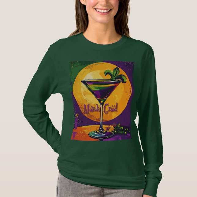 Mid Century Mardi Gras Sunset Fleur De Lis Martini T-Shirt (Front)