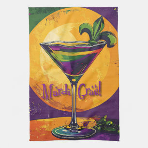 Mid Century Mardi Gras Sunset Fleur De Lis Martini Tea Towel