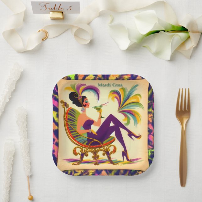 Mid Century Mardi Gras Woman With A Martini Paper Plate (Wedding)