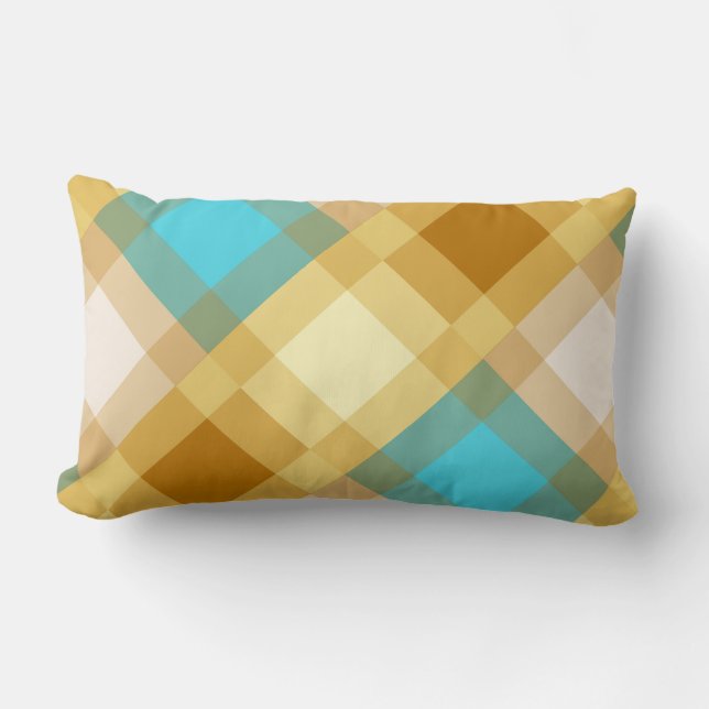 Mid-Century mega plaid - tan & turquoise Lumbar Cushion (Front)