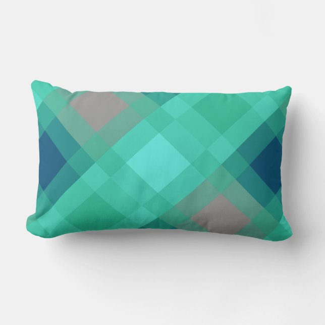Mid-Century mega plaid - turquoise & grey Lumbar Cushion (Front)