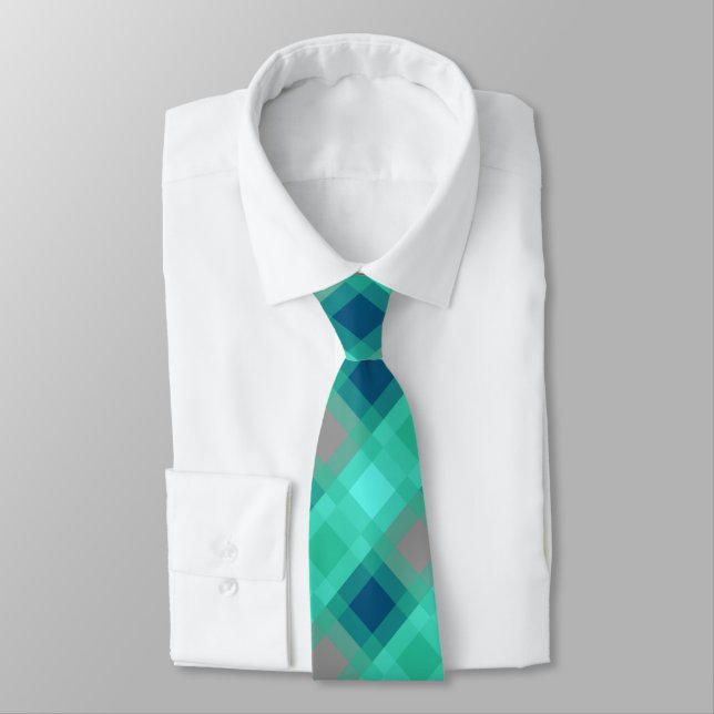 Mid-Century mega plaid - turquoise & grey Tie (Tied)