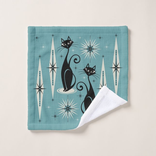Mid Century Meow Retro Atomic Cats on Blue Bath Towel Set (Wash Cloth)