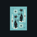 Mid Century Meow Retro Atomic Cats on Blue Canvas Print<br><div class="desc">For the cat loving,  retro enthusiast,  my original vector illustration of sleek black cats,  starbursts,  & diamonds in mid century atomic style,  in black and grey,  on a cadet blue background,  with a simulated fabric grain.</div>