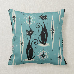 Mid Century Meow Retro Atomic Cats on Blue Cushion