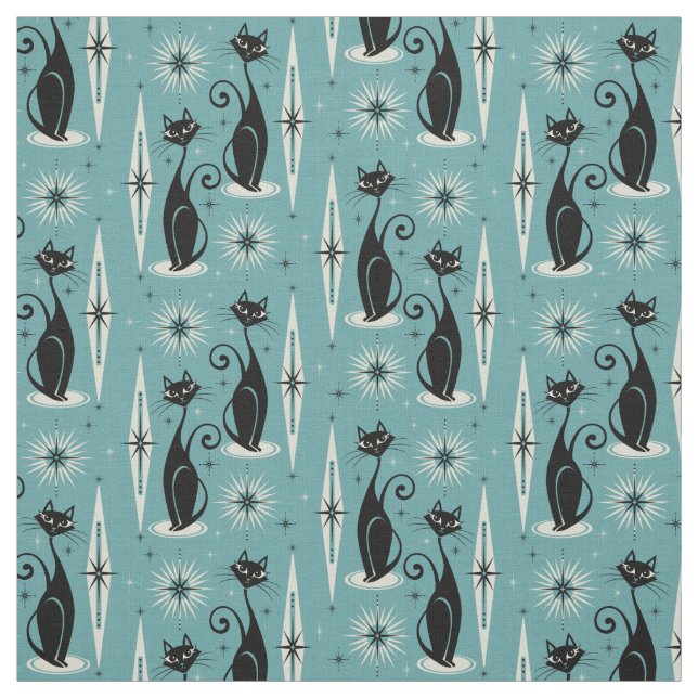 Mid Century Meow Retro Atomic Cats on Blue Fabric (Swatch)