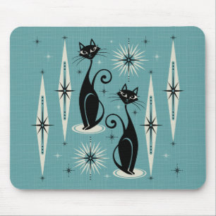 Mid Century Meow Retro Atomic Cats on Blue Mouse Pad