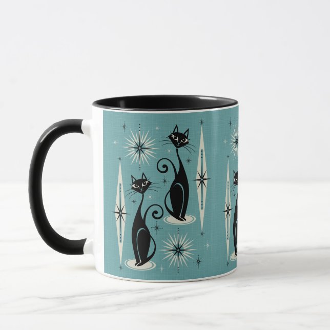 Mid Century Meow Retro Atomic Cats on Blue Mug (Left)