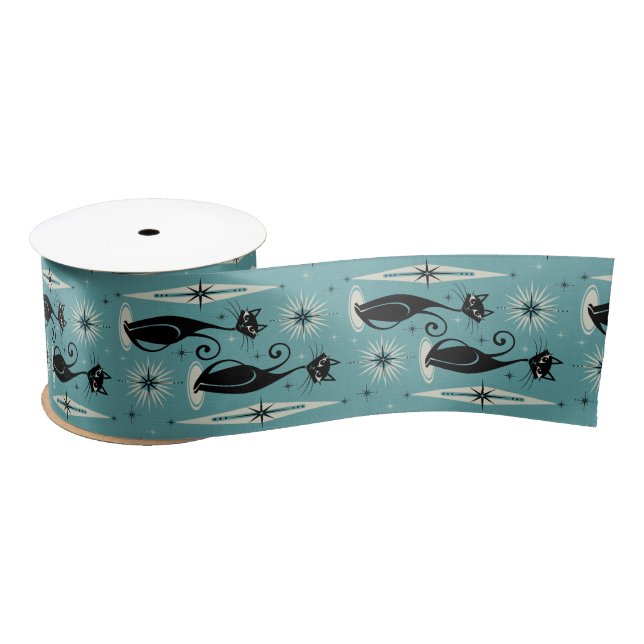 Mid Century Meow Retro Atomic Cats on Blue Satin Ribbon (Spool)