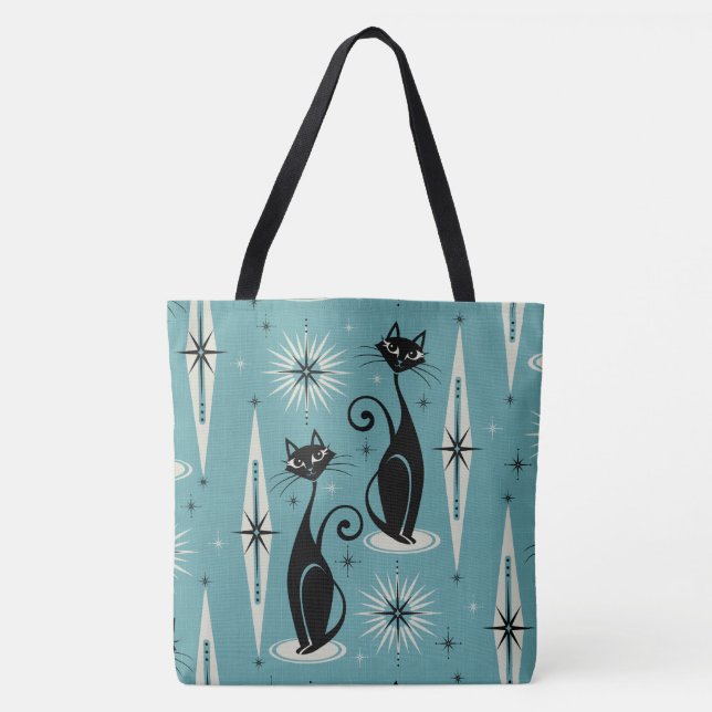 Mid Century Meow Retro Atomic Cats on Blue Tote Bag (Front)