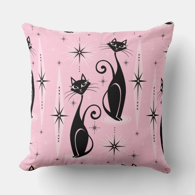 Mid Century Meow Retro Atomic Cats on Cool Pink Cushion (Front)