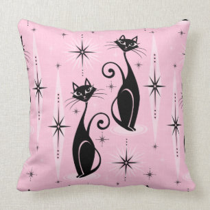 Mid Century Meow Retro Atomic Cats on Cool Pink Cushion