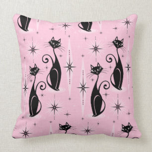 Mid Century Meow Retro Atomic Cats on Cool Pink Cushion