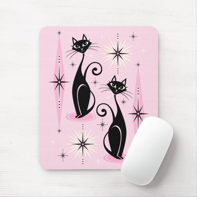 Mid Century Meow Retro Atomic Cats on Cool Pink Mouse Pad (With Mouse)
