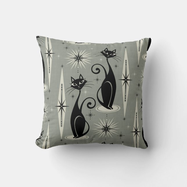 Mid Century Meow Retro Atomic Cats on Grey Cushion (Front)
