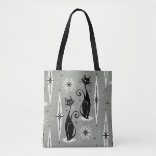 Mid Century Meow Retro Atomic Cats on Grey Tote Bag