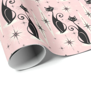 Mid Century Meow Retro Atomic Cats on Warm Pink Wrapping Paper