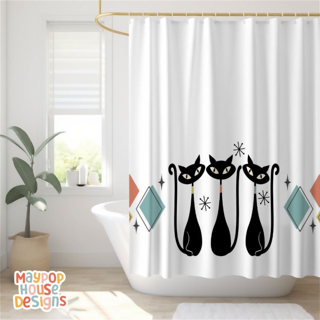 Mid Century Meow Retro Atomic Cats Pink Shower Curtain (mid century modern atomic cat shower curtain bathroom decor)
