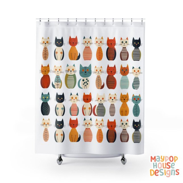 Mid Century Meow Retro Atomic Cats Pink Shower Curtain (whimsical cat shower curtain)