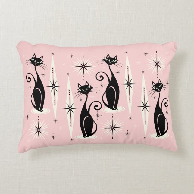 Mid Century Meow Retro Atomic Cats - Warm Pink Decorative Cushion (Front)