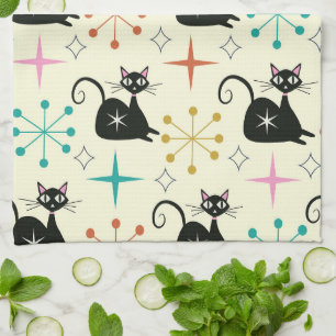 Mid Century Mod Atomic Cats with Retro Starbursts  Tea Towel