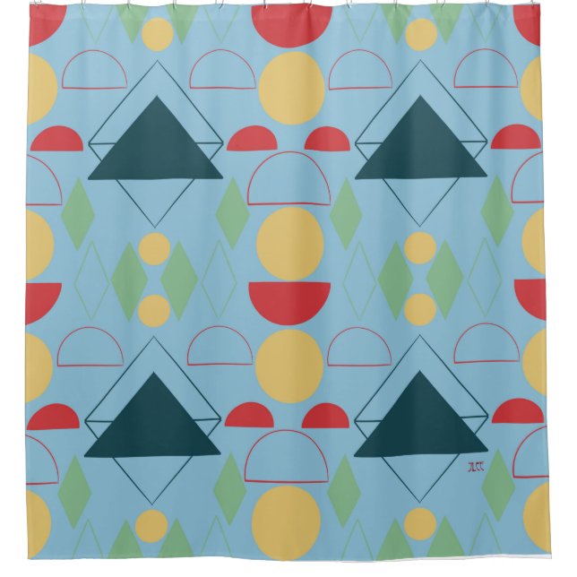 Mid Century Mod Blue Geometric Shower Curtain (Front)
